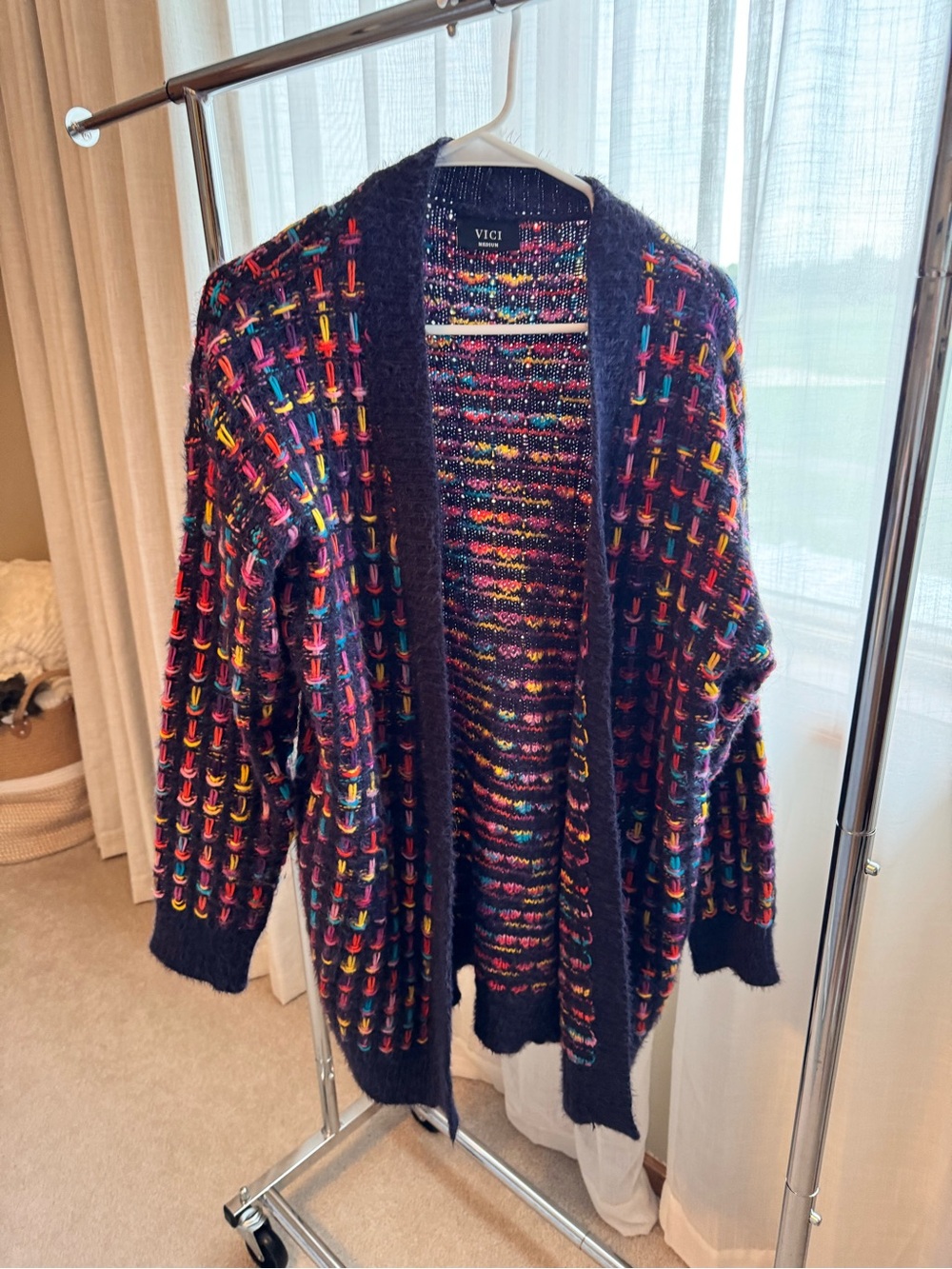 VICI Navy Cardigan with Multicolor Knit Details